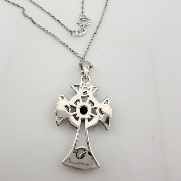 Bold Celtic Cross with Black Sapphire Center - Sterling Silver with 18" Chain - Picture 5 of 9